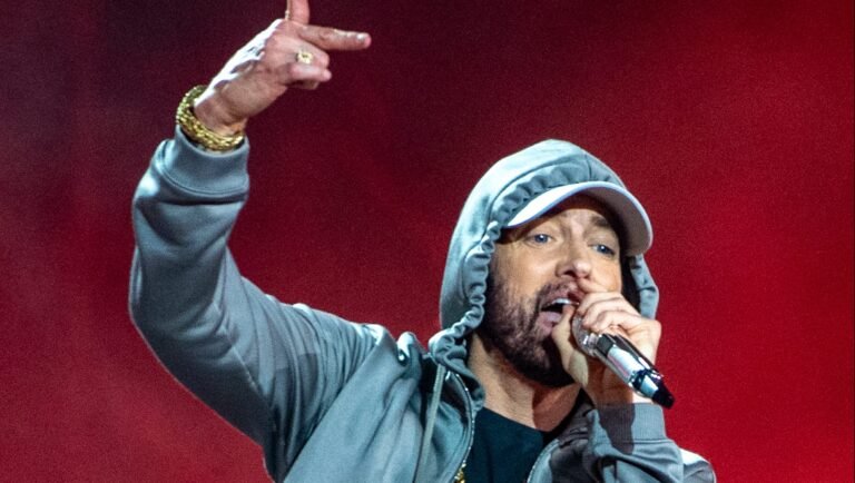 DETROIT, MICHIGAN - JUNE 06: Eminem performs onstage at Live from Detroit: The Concert at Michigan Central" at Michigan Central Station on June 06, 2024 in Detroit, Michigan. (Photo by Aaron J. Thornton/Getty Images)