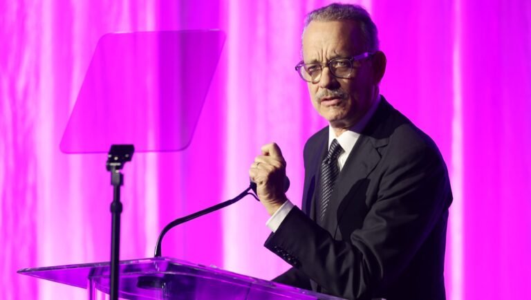 BEVERLY HILLS, CALIFORNIA - APRIL 10: Honorary Chair Tom Hanks speaks onstage during "An Unforgettable Evening" Benefiting The Women's Cancer Research Fund at Beverly Wilshire, A Four Seasons Hotel on April 10, 2024 in Beverly Hills, California.  (Photo by Amy Sussman/Getty Images for Women's Cancer Research Fund)