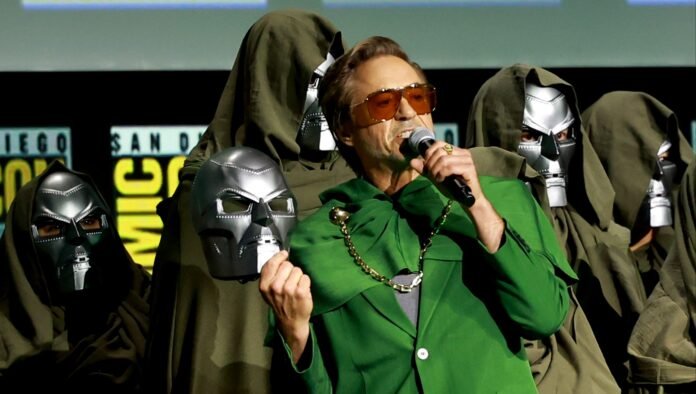 SAN DIEGO, CALIFORNIA - JULY 27: Robert Downey Jr. speaks onstage at the Marvel Studios Panel during 2024 Comic-Con International at San Diego Convention Center on July 27, 2024 in San Diego, California.  (Photo by Matt Winkelmeyer/Getty Images)