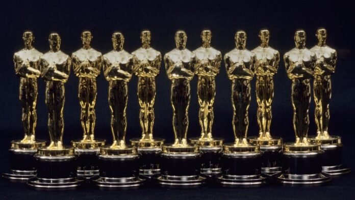 LOS ANGELES - 1990: A view of 11 Oscars statues lined up next to each other in 1990 in Los Angeles, California. (Photo by Santi Visalli/Getty Images)