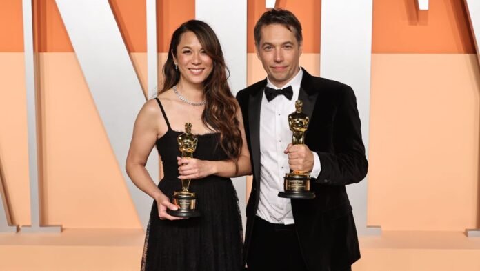 BEVERLY HILLS, CALIFORNIA - MARCH 02:  (L-R) Samantha Quan and Sean Baker attend the 2025 Vanity Fair Oscar Party Hosted By Radhika Jones at Wallis Annenberg Center for the Performing Arts on March 02, 2025 in Beverly Hills, California.  (Photo by Jamie McCarthy/WireImage)