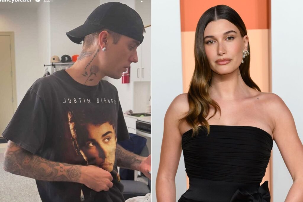 Hailey Bieber Trolls Husband Justin for Wearing Shirt with His Face on It