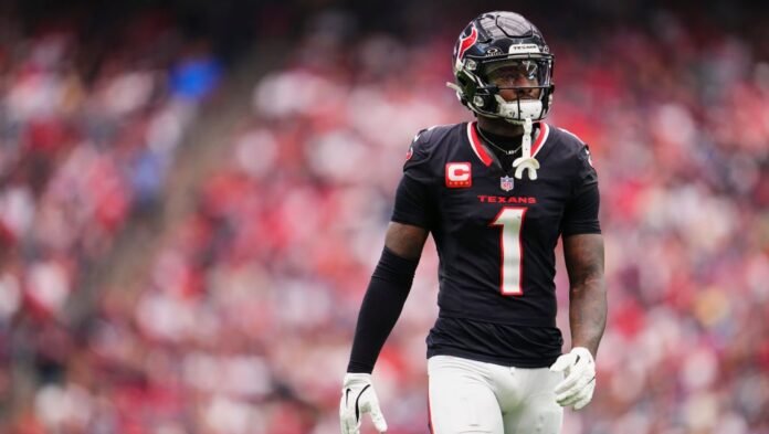 HOUSTON, TX - OCTOBER 27: Stefon Diggs #1 of the Houston Texans walks down the field against the Indianapolis Colts during the first half of an NFL football game at NRG Stadium on October 27, 2024 in Houston, Texas. (Photo by Cooper Neill/Getty Images)