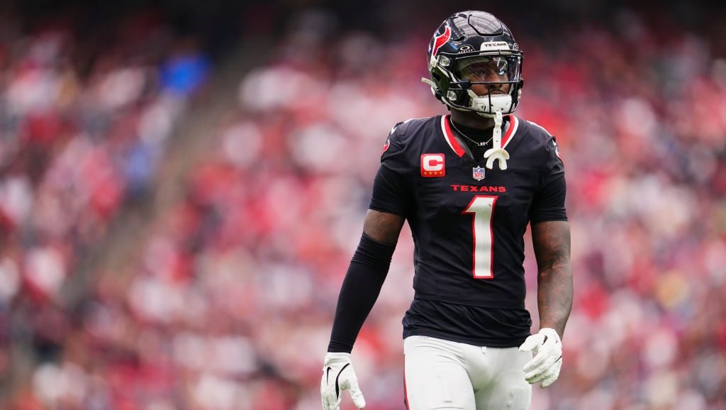 HOUSTON, TX - OCTOBER 27: Stefon Diggs #1 of the Houston Texans walks down the field against the Indianapolis Colts during the first half of an NFL football game at NRG Stadium on October 27, 2024 in Houston, Texas. (Photo by Cooper Neill/Getty Images)