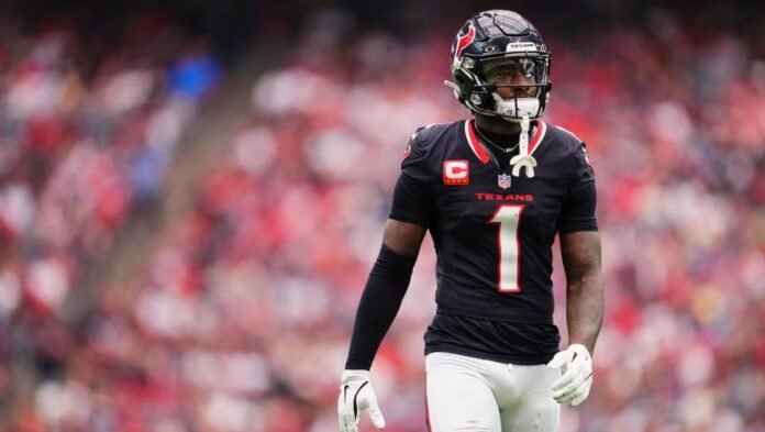 HOUSTON, TX - OCTOBER 27: Stefon Diggs #1 of the Houston Texans walks down the field against the Indianapolis Colts during the first half of an NFL football game at NRG Stadium on October 27, 2024 in Houston, Texas. (Photo by Cooper Neill/Getty Images)