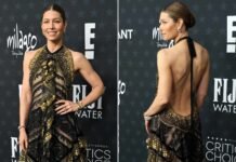 Jessica Biel Wears Sheer, Backless Robe on the 2026 Critics Selection Awards Jessica Biel Wears Sheer, Backless Gown at the 2026 Critics Choice Awards